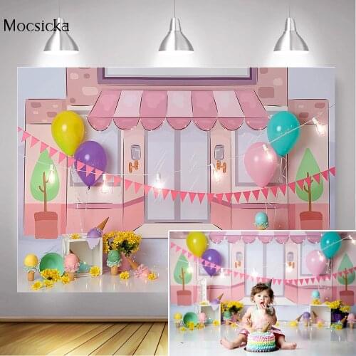 Ice Cream Newborn Boy Girl Birthday Photographic Backdrop Yellow Flowers Balloons Bunting Baby Shower Photo Background Photocall