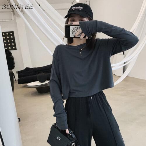 T-shirts Women Solid Loose Korean Crop Top Simple All-match Fashion Ins Minimalist Summer Thin Students Casual Streetwear Female