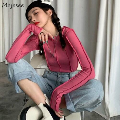 Long Sleeve T-shirts Womens Slim Rhodo Solid Design Chic New Arrival Streetwear Female Cool Korean Style Spring Casual Clothes