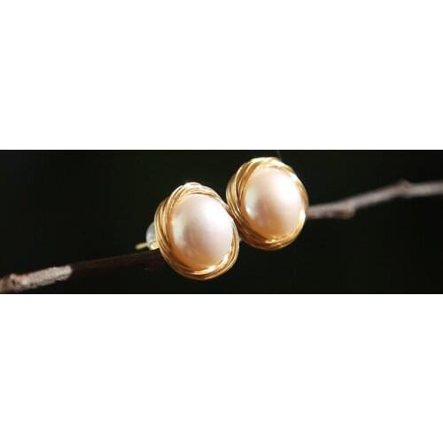 Classic Handmade Natural 8mm Width Freshwater Pearls Stud Earrings For Women Best Gift Gold Color Jewelry White/Pink/Purple