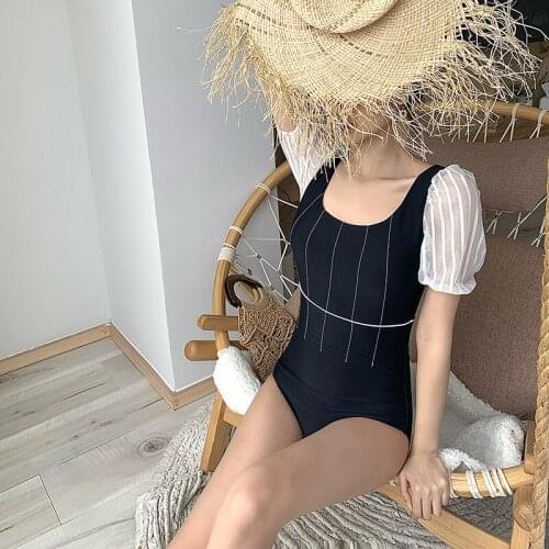 Swimsuit Fused Female Swimwear 1 Piece Beach Swim Trendy One Plus Size With Sleeve Women 2021 Korean Sweet Onepiece Sexy Lycra