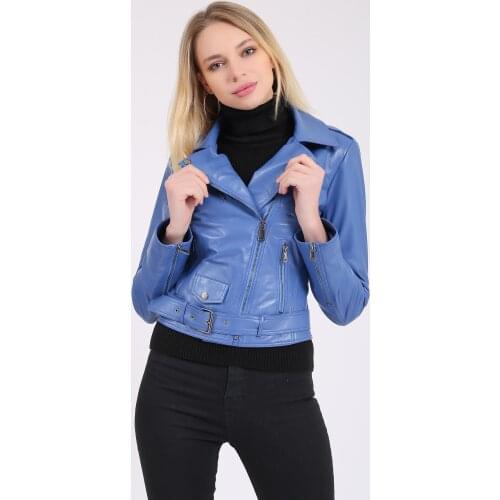 New Women Spring Autumn Genuine Leather Jacket Biker Bomber Motorcycle Coat Short Blue Outwear with Belt Soft Female
