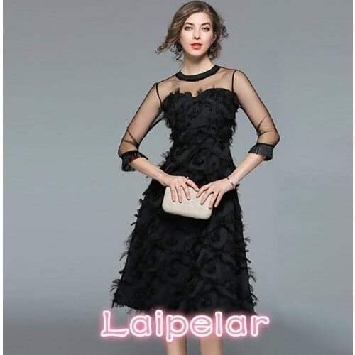 Three Quarter Sleeve Summer Dress Women Elegant Feathers Ball Gown Dress Sexy Mesh Party Dresses Female vestidos 2XL