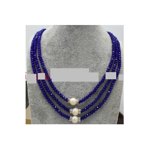 Fashion 3 Rows 2X4mm Faceted Gemstone & White Pearl Beads Necklace