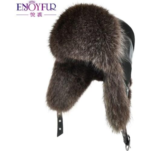 ENJOYFUR winter hat earflap men real fox fur hats men russian ushanka fur protect ear warm enough rus kalpak bomber hat