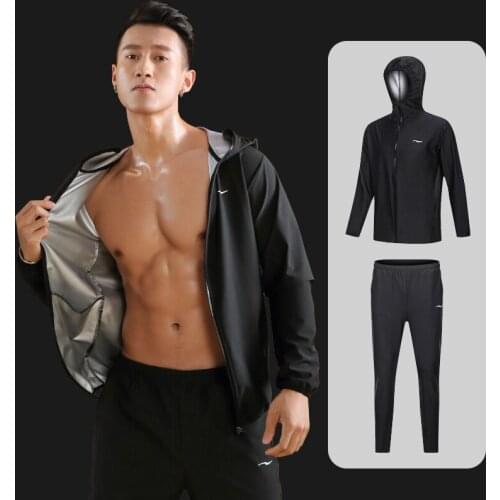 Mens Zipper Hoodie Cardigan Workout Suit Set Weight Loss Running Gym Fitness Training Perspiration Sportswear Workout Tracksuit