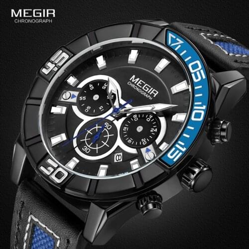 Megir Mens Sport Leather Strap Quartz Watches Chronograph Analogue Wristwatch with 24 Hours Display Luminous Hands 2066G-BK
