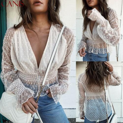 New Women Long Sleeve T-Shirt Sexy Tops Transparent Deep V Neck Lace T-Shirts Summer Fashion Women Clothes