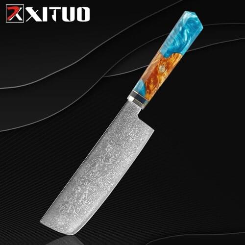XITUO Damascus Steel Cleaver Nakiri Knife Japanese VG10 Core Steel Blade Razor Sharp Kitchen Knives Blue Resin Handle Vegetable