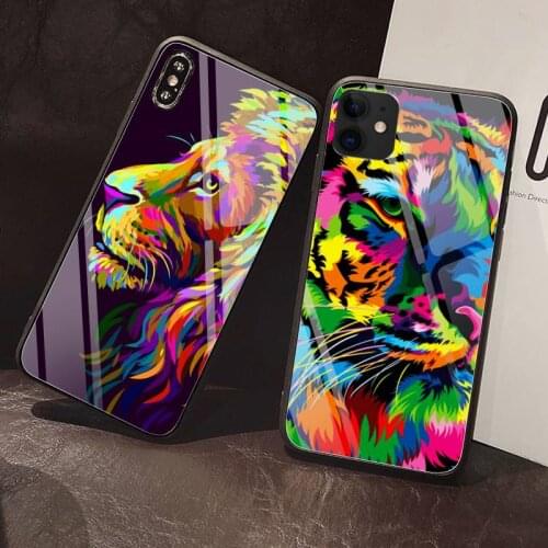 Animal lion painted alphas with cute designs for men Phone Case Glass For iPhone 12 11Pro Max Mini XR XS MAX 8 X 7 6S 6 Plus SE