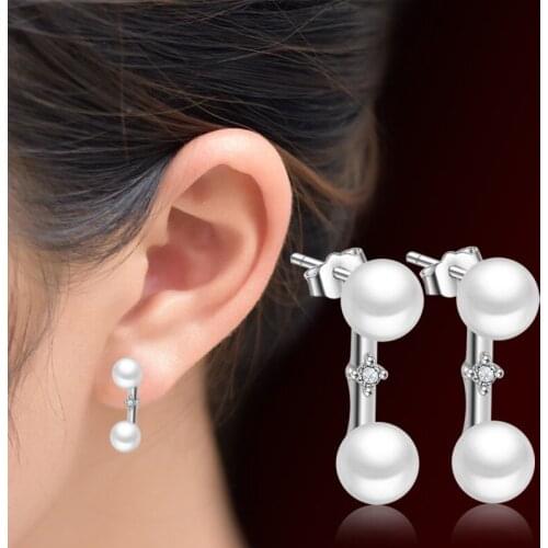 Wholesale Fashion Jewelry 2017 New Double Pearl Shiny Zircon Design 925 Sterling Silver Stud Earrings for Women Christmas Gift