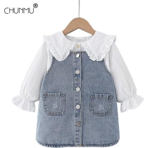 Baby Girls Princess Dress For Baby Girls Lace Flower Shirt Denim Strap Dress Infant Baby Party Dress Autumn Kids Newborn Clothes