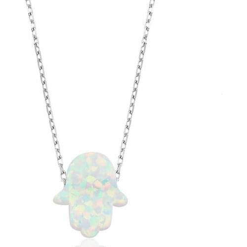 Silverlina Silver White Opal Fatma Master Hand Lady Necklace