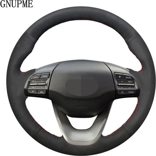 Hand-stitched DIY Black Genuine Leather Suede Car Steering Wheel Cover For Hyundai Kona 2017 2018 2019