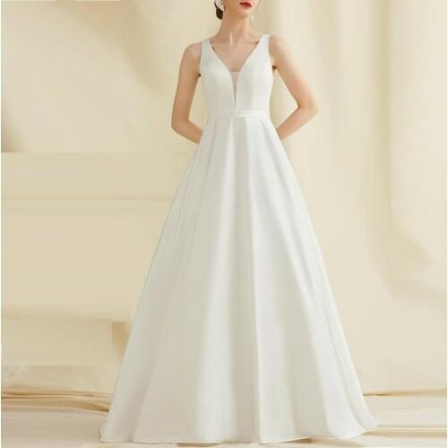 Bridal Gown V Neck Satin Wedding Dresses Long Sleeve Plus Size Anniversary Ceremony Muslim Wedding Dresses