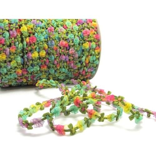 2 Yards Woven Rococo Ribbon Trim with Fuchsia Nude Chiffon Flower|Decorative Floral Ribbon|Scrapbooking|Clothing|Decor