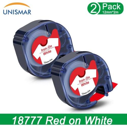 Unismar 18777 Fabric Iron On Label Compatible for Dymo LetraTag 18776 18779 12mm Red on White Tape for LT-100H 100T Label Maker