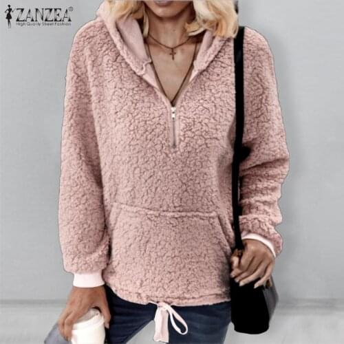 ZANZEA Womens Hoodies Zipper Sweatshirts 2021 Spring Faux Fur Teddy Bear Pullovers Casual Ladies Solid Hooded Tops Oversize 5XL