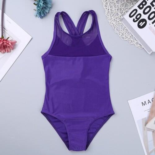 Kids Girls Ballet Dance Costumes Sleeveless Criss-cross Back Mesh Splice Gymnastics Leotards Jumpsuit Stage Ballerina Dancewear