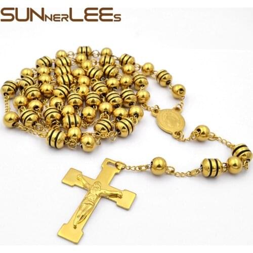 SUNNERLEES Jewelry Stainless Steel Bead Chain Jesus Christ Cross Pendant Long Necklace Gold Color Mens Womens SPN02