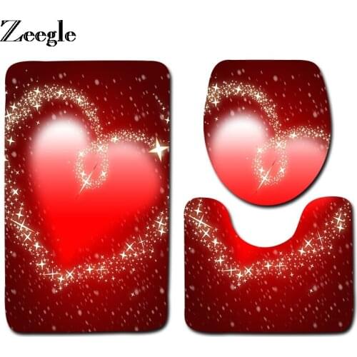 Zeegle 3pcs Heart Pattern Toilet Mat Bathroom Mat Flannel Floor Rugs Cushion Toilet Seat Cover Bath Mat for Home Decoration