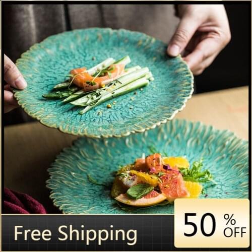 Green Vintage Dinner Plates Porcelain Microwave Fruit Breakfast Tray Ceramic Dessert Food Plate Salad Prato Dining Set HX50DP