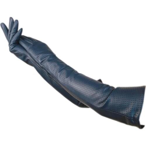 Winter ladies elbow fashion sheepskin gloves punching leather to keep warm new leather dark blue driving dress silk lining 2021