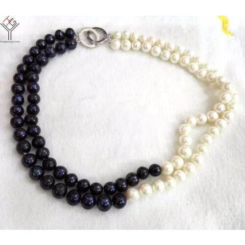 Women Jewelry 8x9mm white black pearl mixed 2 rows necklace handmade real natural freshwater pearl gift