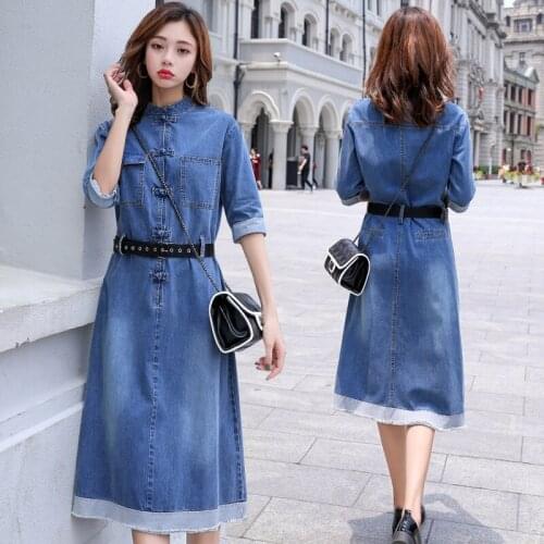 Women Dress Autumn 2019 Vintage Denim Dress Midi Elegant Vestido Half Sleeve Belt Casual Retro Jean Dresses Women 2019 AA4920