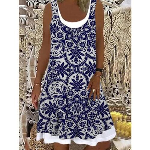 Retro Floral Print A-Line Dress Women 2021 Summer Y2k Casual All-Match Sleeveless Mini Oversized Loose Dress Woman Vestidos