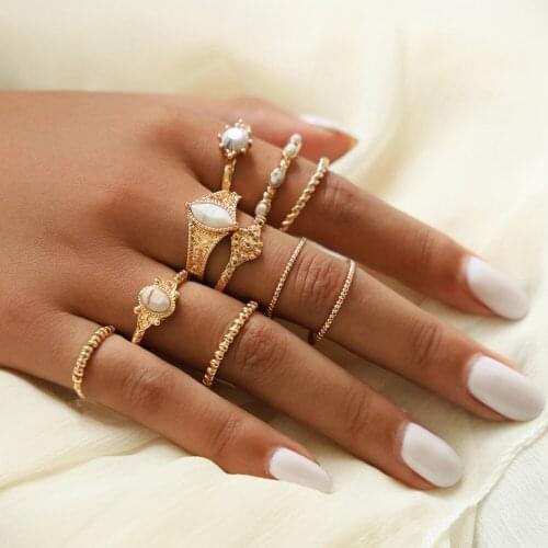 2020 Hot Sale 10 Pcs/Set Women Geometric Carved Joint Ring Jewelry Retro Eye Round Stone Rings Fashion Female Accessories Gifts