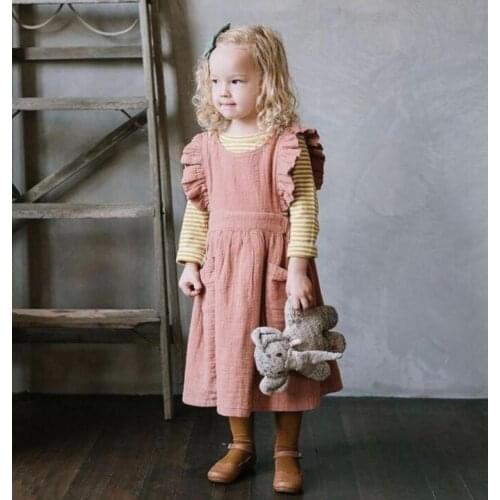2021 Korea style girls ruffles dress fashion cotton linen summer girls dresses