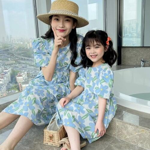 2021 Summer Parent-child Dress Round Neck Short-sleeved Printed Parent-child Dress Mom and Daughter Matching Clothes