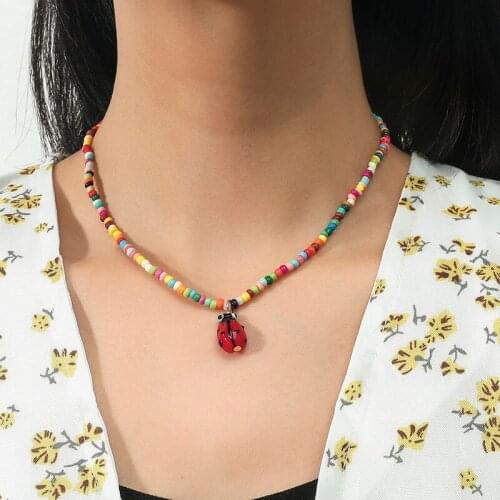 Bohemian Handmade Multicolor Glass Beaded Necklaces For Women Girls Cute Red Ceramic Insect Ladybug Pendants Necklace Jewelry