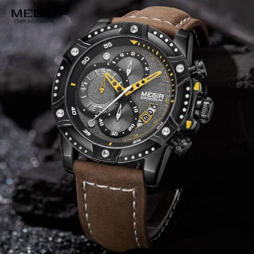 MEGIR Army Military Sport Watches Men Top Brand Luxury Quartz Chronograph Wrist Watch Relogio Masculino Leather Band Brown 2130