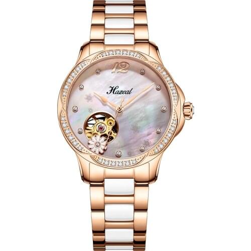 Hezeal Top Brand Elegant Ladies Watch Fashion Women Mechanical Watches Waterproof Genuine Leather Diamond Hollow Wristwatch 2021