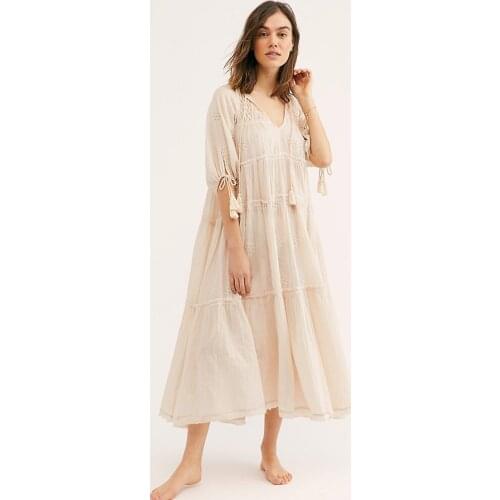 Solid Embroidery Midi Dress V Neck Sexy Half Sleeve Vintage Vestidos Boho Summer 2020 Beach Loose Casual Clothes Women Dresses