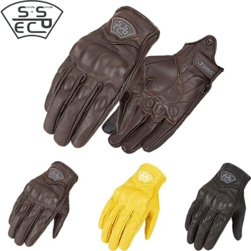 SSPEC Leather Motorcycle Gloves Retro Motorcycle Racing Glove Full Finger Moto Luvas Motocross Gloves Touch Screen Summer Brown