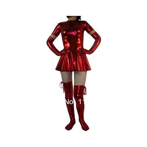 Red Pleated Shiny Metallic Woman Zentai Dress