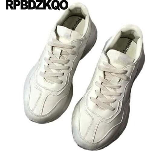 Trainers european women lace up wide fit shoes ladies flats creepers elevator sneakers genuine leather platform white harajuku