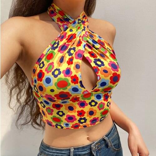 Summer Daisy Printed Boob Wrap Halter Tops Mini Vest For Women Sexy Deep V Neck 2021 Sleeveless Slim Fit Backless Crop Tank Top