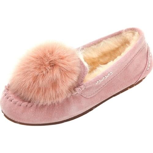 Womens Flat Shoes Casual Slip On Loafers Suede Real Fox Fur Ball Velvet Round Toe Warm Winter 7Colors