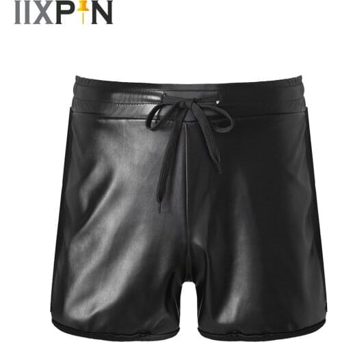 Mens Shiny Faux Leather Hot Boxer Short Pants Fashion Elastic Waistband Wetlook Shorts Male Sports Fitness Club Dance Shorts
