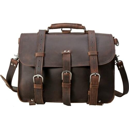 Men Crazy Horse Genuine Leather Briefcase Handbags Leather 17" Laptop Bag Big Shoulder Crossbody Bags for Man Messenger Bags