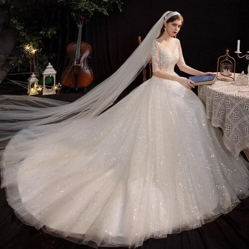 2021 New Simple Wedding Dress Beautiful Lace Ball Gown Shining Sequins Slim Bridal Plus Size Custom Made Robe De Mariee