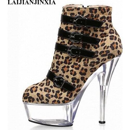 LAIJIANJINXIA New Leopard print ankle boots 15cm high heels Boots spring and autumn fashion sexy belt buckle female ankle boots