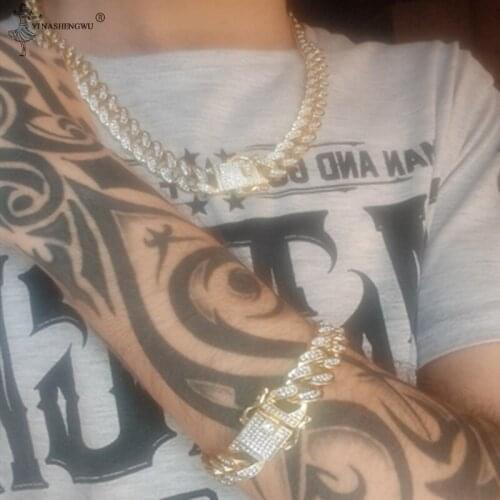Hip Hop Necklace Mens Bracelet Set Iced Necklace Glittering Rhinestone Miami Cuban Link Chain Necklace Rap Accessories Jewelry