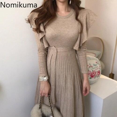 Nomikuma Fashion New Sweater Dress Women Ruffles Slim Waist Long Sleeve A Line Pleated Dresses Winter Clothes Robe Mujer 3c952