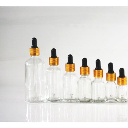 5/10/15/20/30/50/100ml Clear Reusable Essential Oil Bottle Black Rubber Head Dropper Gold Thread Cap Cosmetic Glass Container