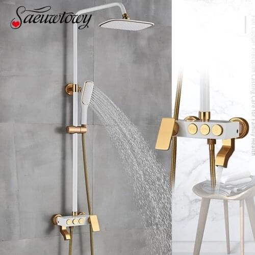 White Rose Golden Shower Faucet Set Rainfall Shower Faucet Bathroom Bath Shower Faucet Rain Shower Head Rotatble Spout Faucet